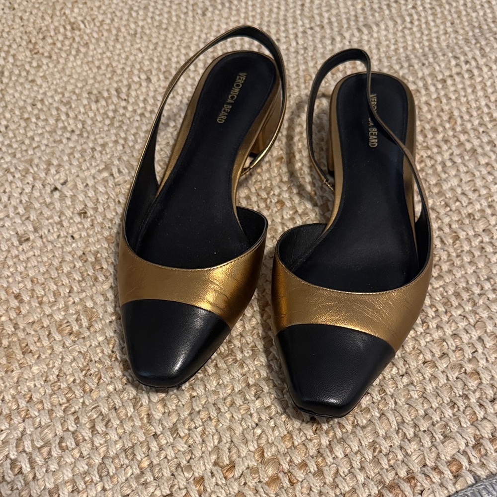 Veronica Beard Black and Gold Pointed Slingback Mules
